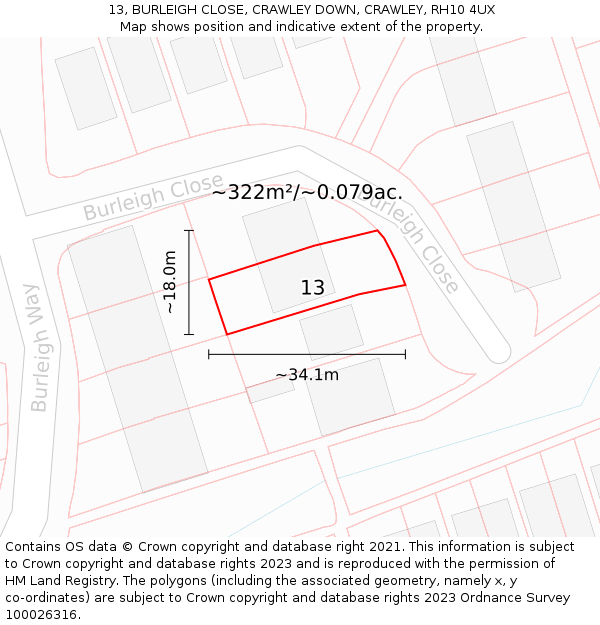 13, BURLEIGH CLOSE, CRAWLEY DOWN, CRAWLEY, RH10 4UX: Plot and title map