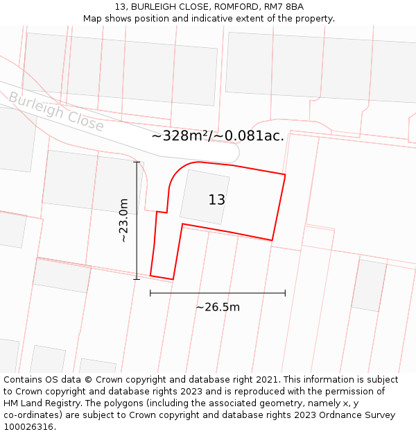 13, BURLEIGH CLOSE, ROMFORD, RM7 8BA: Plot and title map