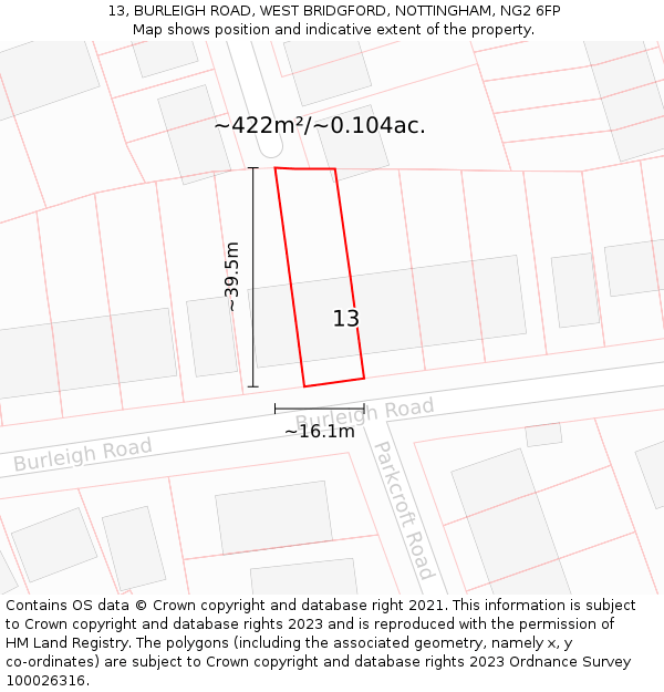 13, BURLEIGH ROAD, WEST BRIDGFORD, NOTTINGHAM, NG2 6FP: Plot and title map