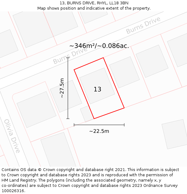 13, BURNS DRIVE, RHYL, LL18 3BN: Plot and title map