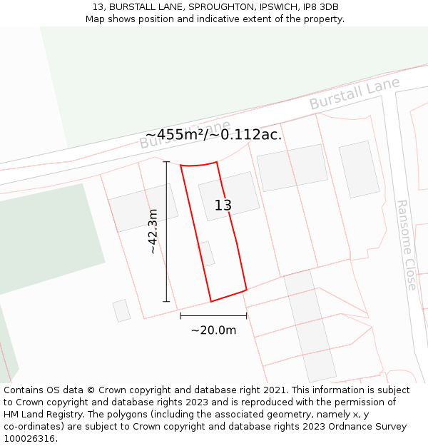 13, BURSTALL LANE, SPROUGHTON, IPSWICH, IP8 3DB: Plot and title map
