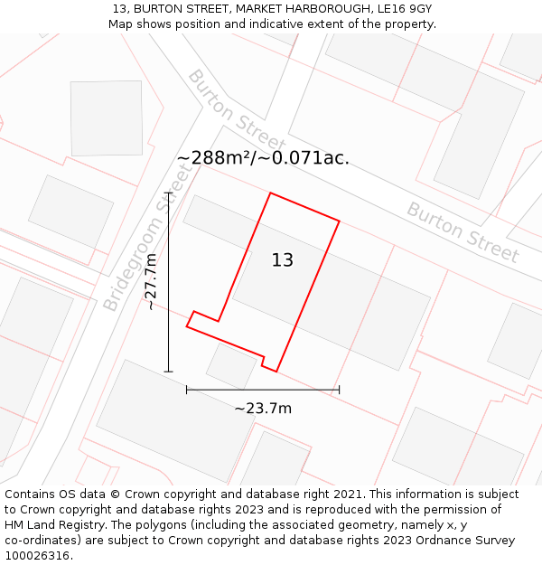 13, BURTON STREET, MARKET HARBOROUGH, LE16 9GY: Plot and title map