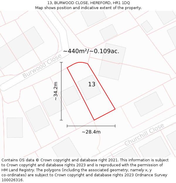 13, BURWOOD CLOSE, HEREFORD, HR1 1DQ: Plot and title map