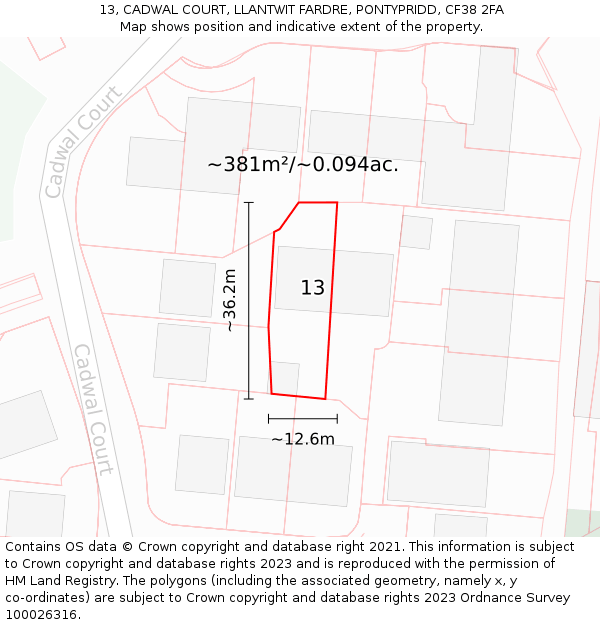 13, CADWAL COURT, LLANTWIT FARDRE, PONTYPRIDD, CF38 2FA: Plot and title map