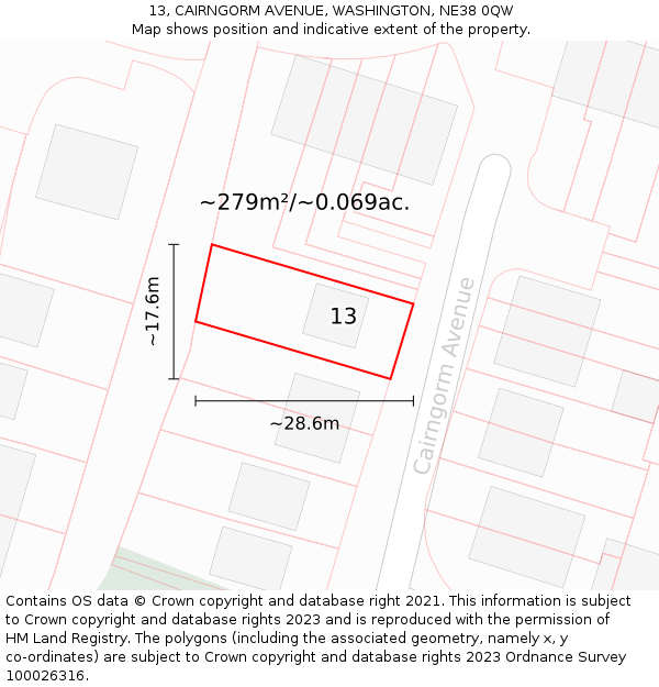 13, CAIRNGORM AVENUE, WASHINGTON, NE38 0QW: Plot and title map