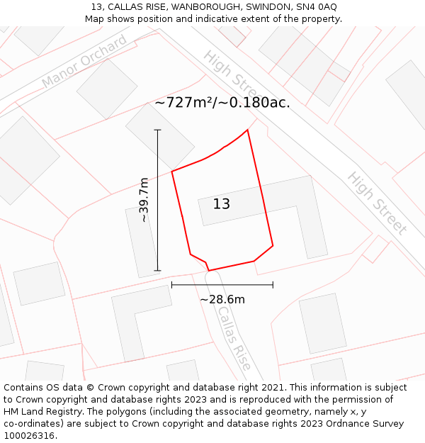 13, CALLAS RISE, WANBOROUGH, SWINDON, SN4 0AQ: Plot and title map