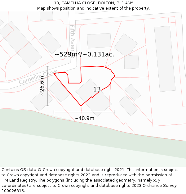 13, CAMELLIA CLOSE, BOLTON, BL1 4NY: Plot and title map