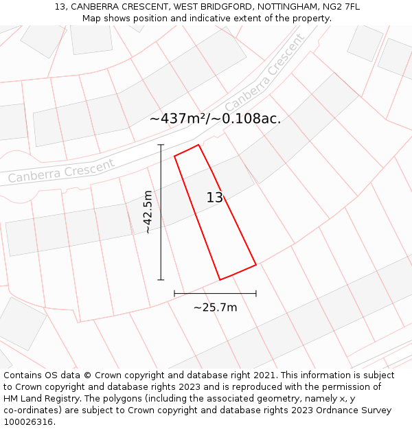 13, CANBERRA CRESCENT, WEST BRIDGFORD, NOTTINGHAM, NG2 7FL: Plot and title map