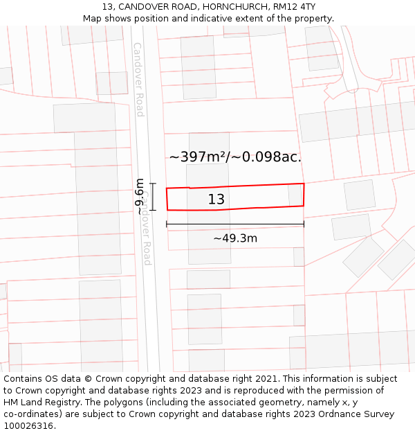 13, CANDOVER ROAD, HORNCHURCH, RM12 4TY: Plot and title map