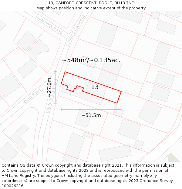 13, CANFORD CRESCENT, POOLE, BH13 7ND: Plot and title map