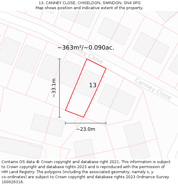 13, CANNEY CLOSE, CHISELDON, SWINDON, SN4 0PG: Plot and title map