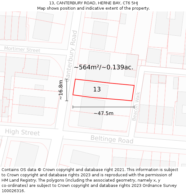 13, CANTERBURY ROAD, HERNE BAY, CT6 5HJ: Plot and title map