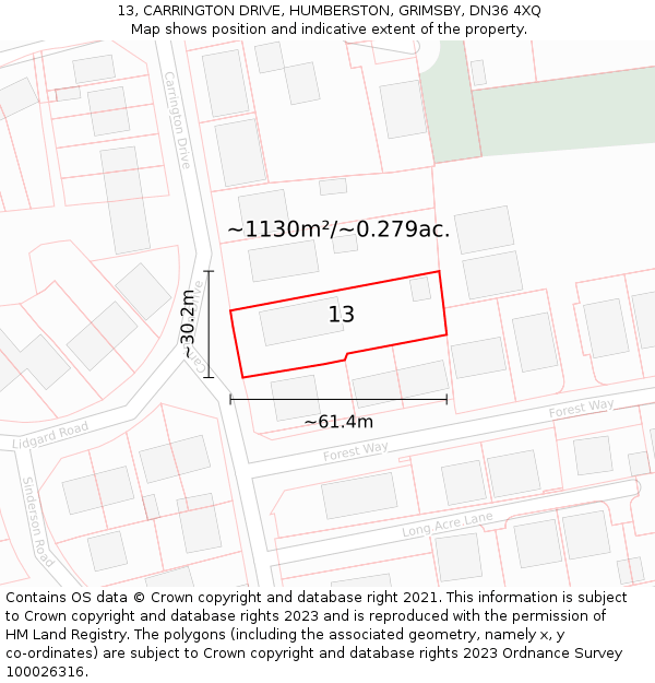 13, CARRINGTON DRIVE, HUMBERSTON, GRIMSBY, DN36 4XQ: Plot and title map