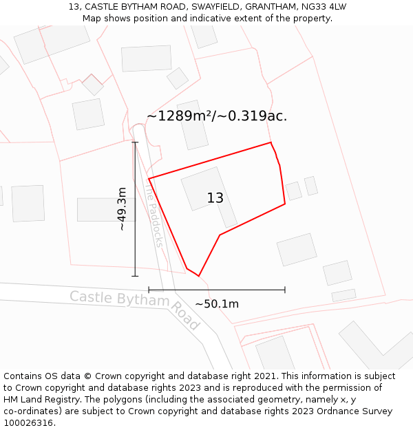 13, CASTLE BYTHAM ROAD, SWAYFIELD, GRANTHAM, NG33 4LW: Plot and title map