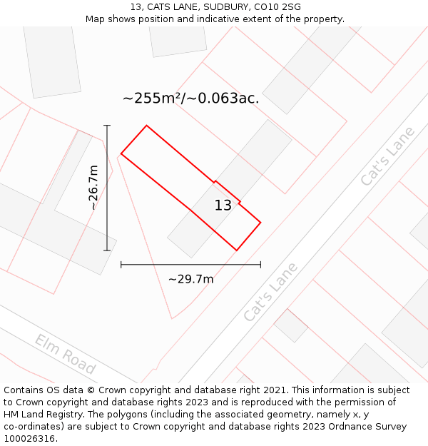 13, CATS LANE, SUDBURY, CO10 2SG: Plot and title map