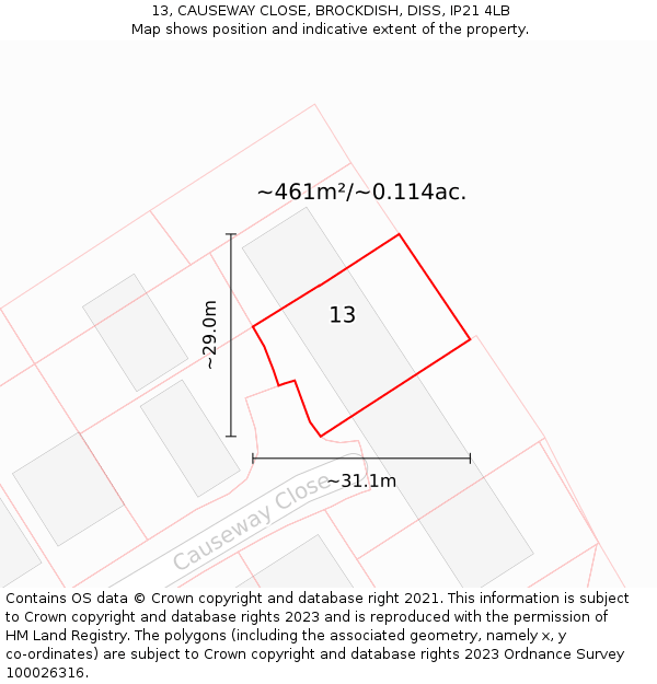 13, CAUSEWAY CLOSE, BROCKDISH, DISS, IP21 4LB: Plot and title map