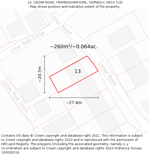 13, CEDAR ROAD, FRAMINGHAM EARL, NORWICH, NR14 7UD: Plot and title map