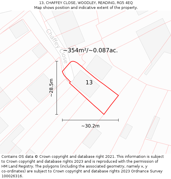 13, CHAFFEY CLOSE, WOODLEY, READING, RG5 4EQ: Plot and title map