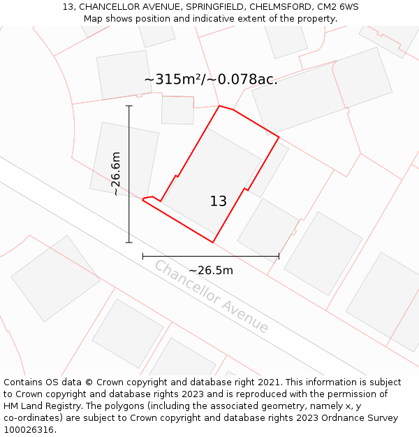 13, CHANCELLOR AVENUE, SPRINGFIELD, CHELMSFORD, CM2 6WS: Plot and title map