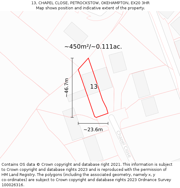 13, CHAPEL CLOSE, PETROCKSTOW, OKEHAMPTON, EX20 3HR: Plot and title map