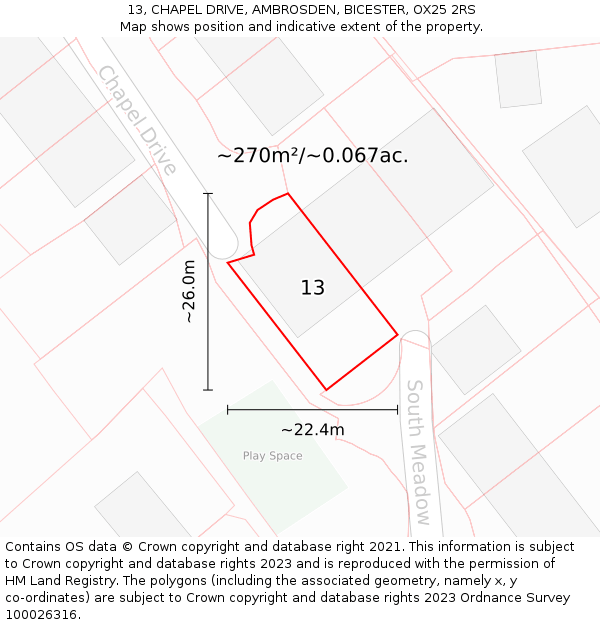 13, CHAPEL DRIVE, AMBROSDEN, BICESTER, OX25 2RS: Plot and title map