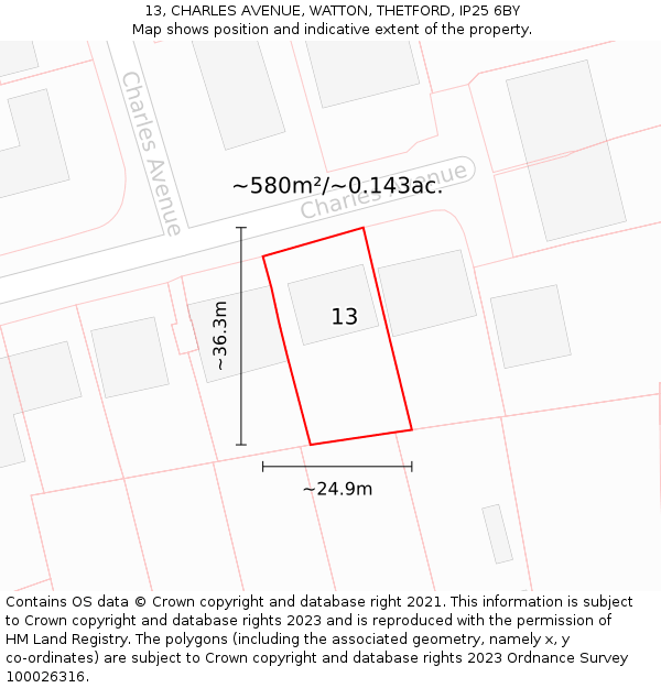 13, CHARLES AVENUE, WATTON, THETFORD, IP25 6BY: Plot and title map