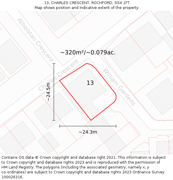 13, CHARLES CRESCENT, ROCHFORD, SS4 1FT: Plot and title map