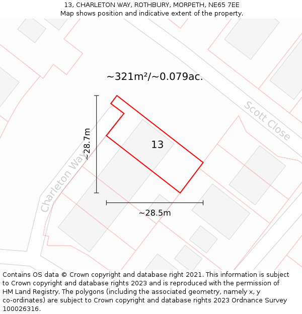 13, CHARLETON WAY, ROTHBURY, MORPETH, NE65 7EE: Plot and title map