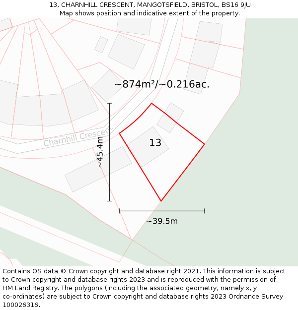 13, CHARNHILL CRESCENT, MANGOTSFIELD, BRISTOL, BS16 9JU: Plot and title map