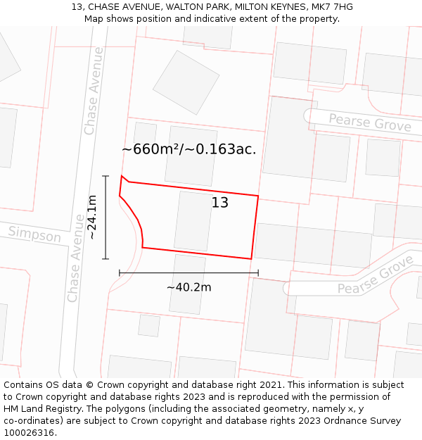 13, CHASE AVENUE, WALTON PARK, MILTON KEYNES, MK7 7HG: Plot and title map