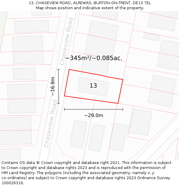 13, CHASEVIEW ROAD, ALREWAS, BURTON-ON-TRENT, DE13 7EL: Plot and title map