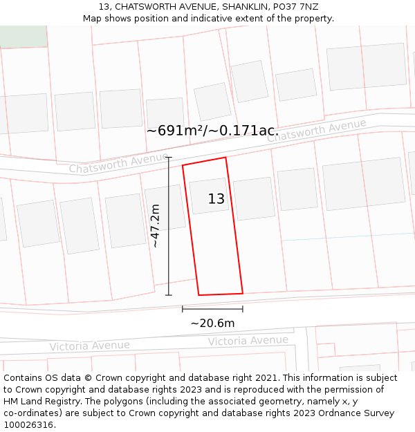 13, CHATSWORTH AVENUE, SHANKLIN, PO37 7NZ: Plot and title map