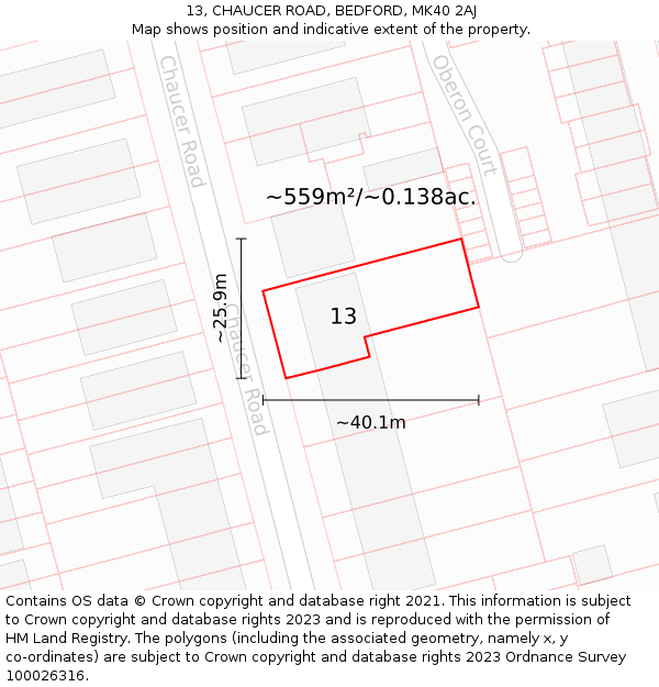 13, CHAUCER ROAD, BEDFORD, MK40 2AJ: Plot and title map