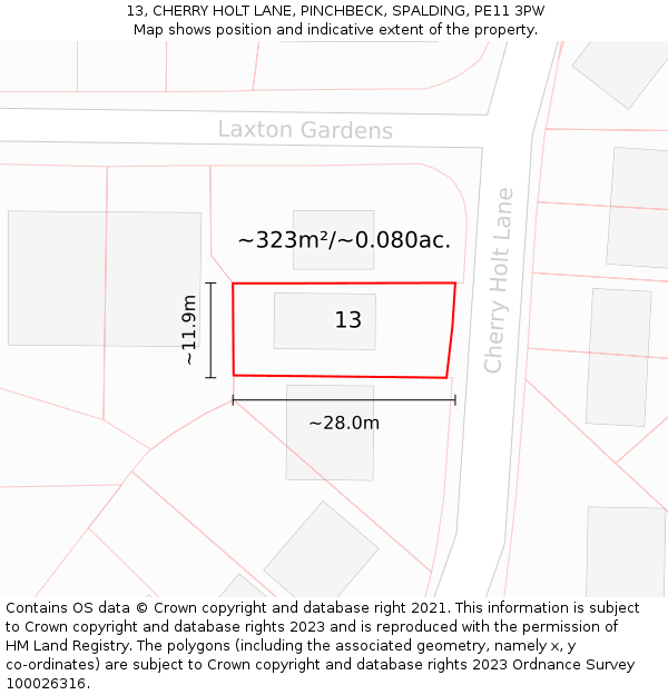 13, CHERRY HOLT LANE, PINCHBECK, SPALDING, PE11 3PW: Plot and title map