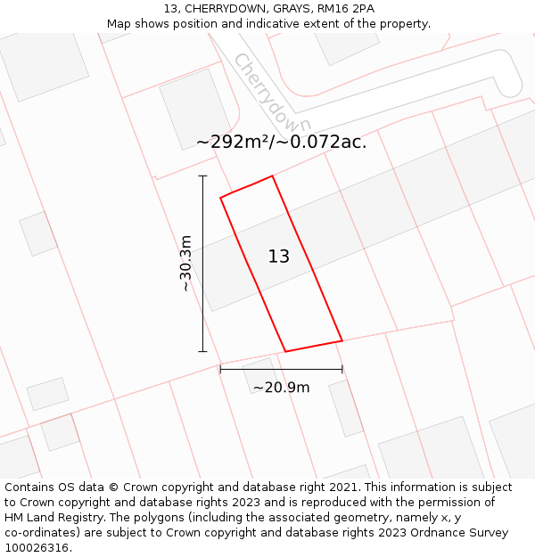 13, CHERRYDOWN, GRAYS, RM16 2PA: Plot and title map