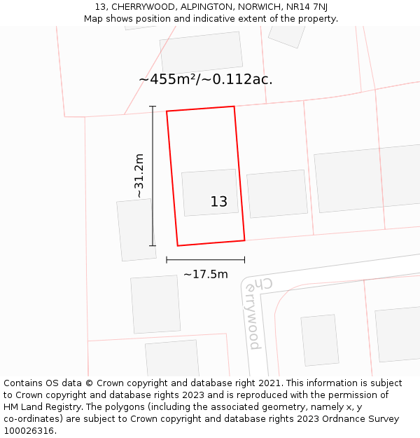 13, CHERRYWOOD, ALPINGTON, NORWICH, NR14 7NJ: Plot and title map