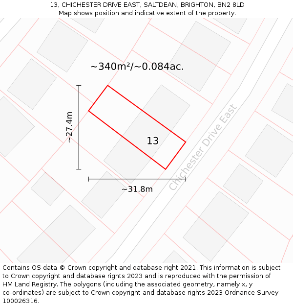 13, CHICHESTER DRIVE EAST, SALTDEAN, BRIGHTON, BN2 8LD: Plot and title map