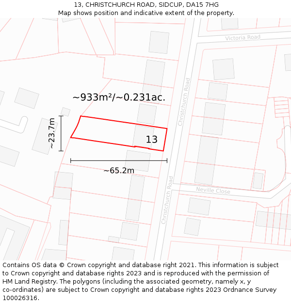13, CHRISTCHURCH ROAD, SIDCUP, DA15 7HG: Plot and title map