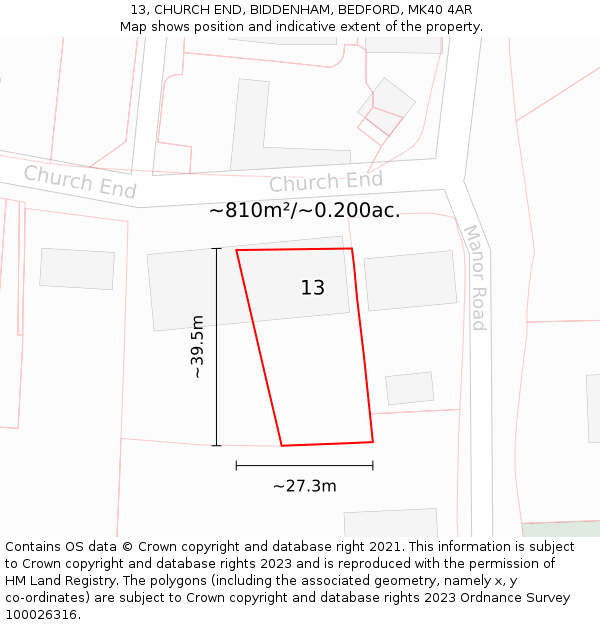 13, CHURCH END, BIDDENHAM, BEDFORD, MK40 4AR: Plot and title map