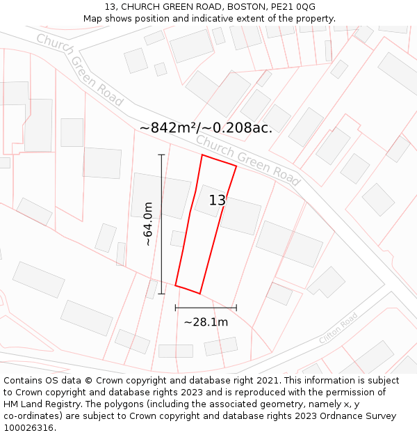 13, CHURCH GREEN ROAD, BOSTON, PE21 0QG: Plot and title map