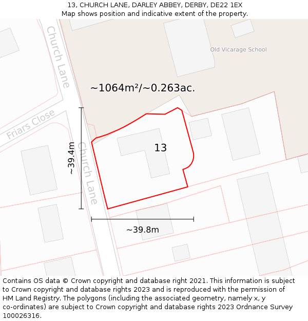 13, CHURCH LANE, DARLEY ABBEY, DERBY, DE22 1EX: Plot and title map