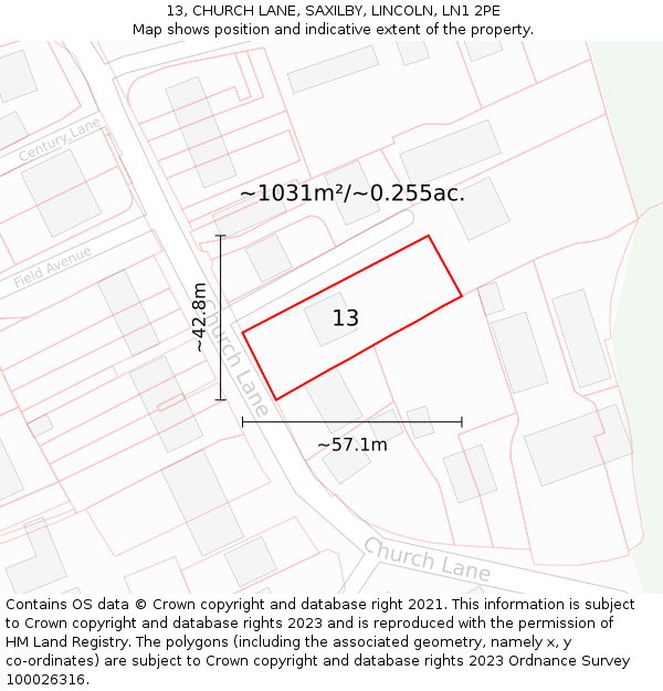 13, CHURCH LANE, SAXILBY, LINCOLN, LN1 2PE: Plot and title map