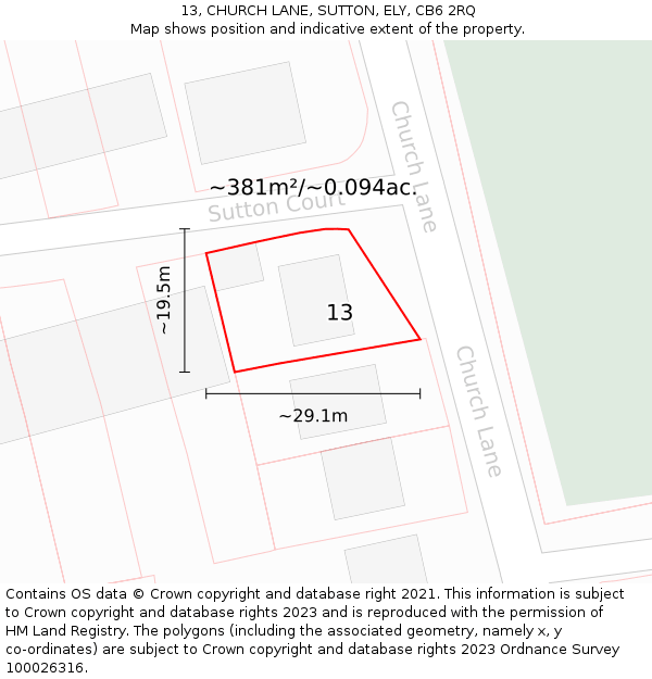 13, CHURCH LANE, SUTTON, ELY, CB6 2RQ: Plot and title map