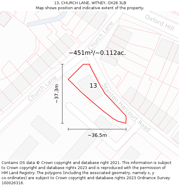 13, CHURCH LANE, WITNEY, OX28 3LB: Plot and title map