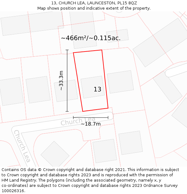 13, CHURCH LEA, LAUNCESTON, PL15 8QZ: Plot and title map