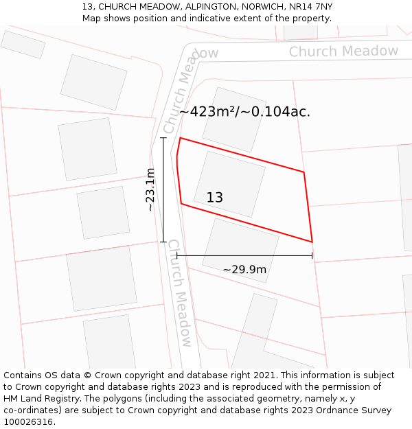 13, CHURCH MEADOW, ALPINGTON, NORWICH, NR14 7NY: Plot and title map