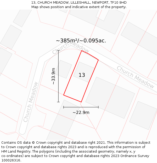 13, CHURCH MEADOW, LILLESHALL, NEWPORT, TF10 9HD: Plot and title map