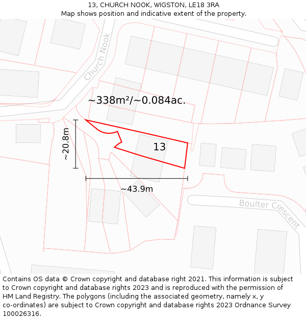 13, CHURCH NOOK, WIGSTON, LE18 3RA: Plot and title map