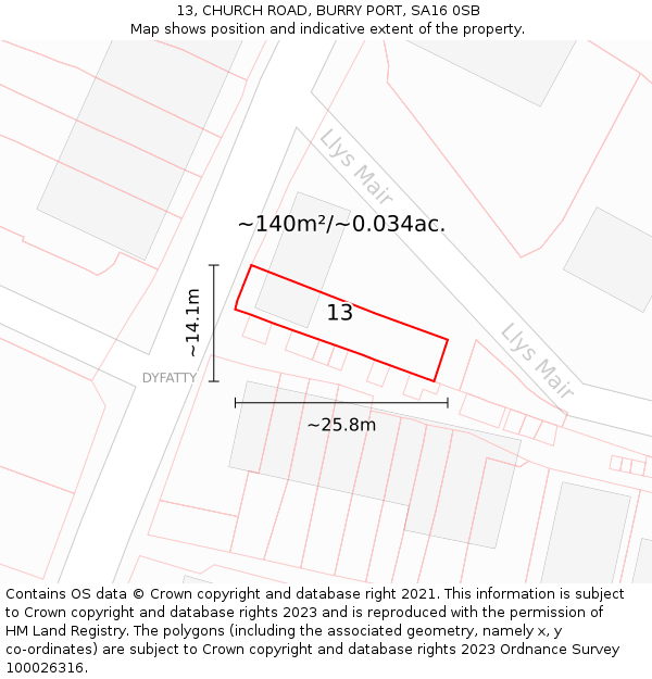 13, CHURCH ROAD, BURRY PORT, SA16 0SB: Plot and title map