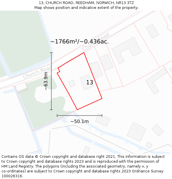 13, CHURCH ROAD, REEDHAM, NORWICH, NR13 3TZ: Plot and title map